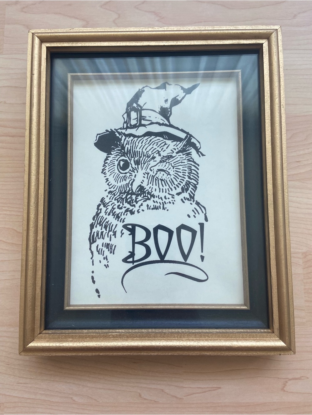 Boo! Owl Print in Vintage Gold Tone and Black Frame Halloween Witch Hat